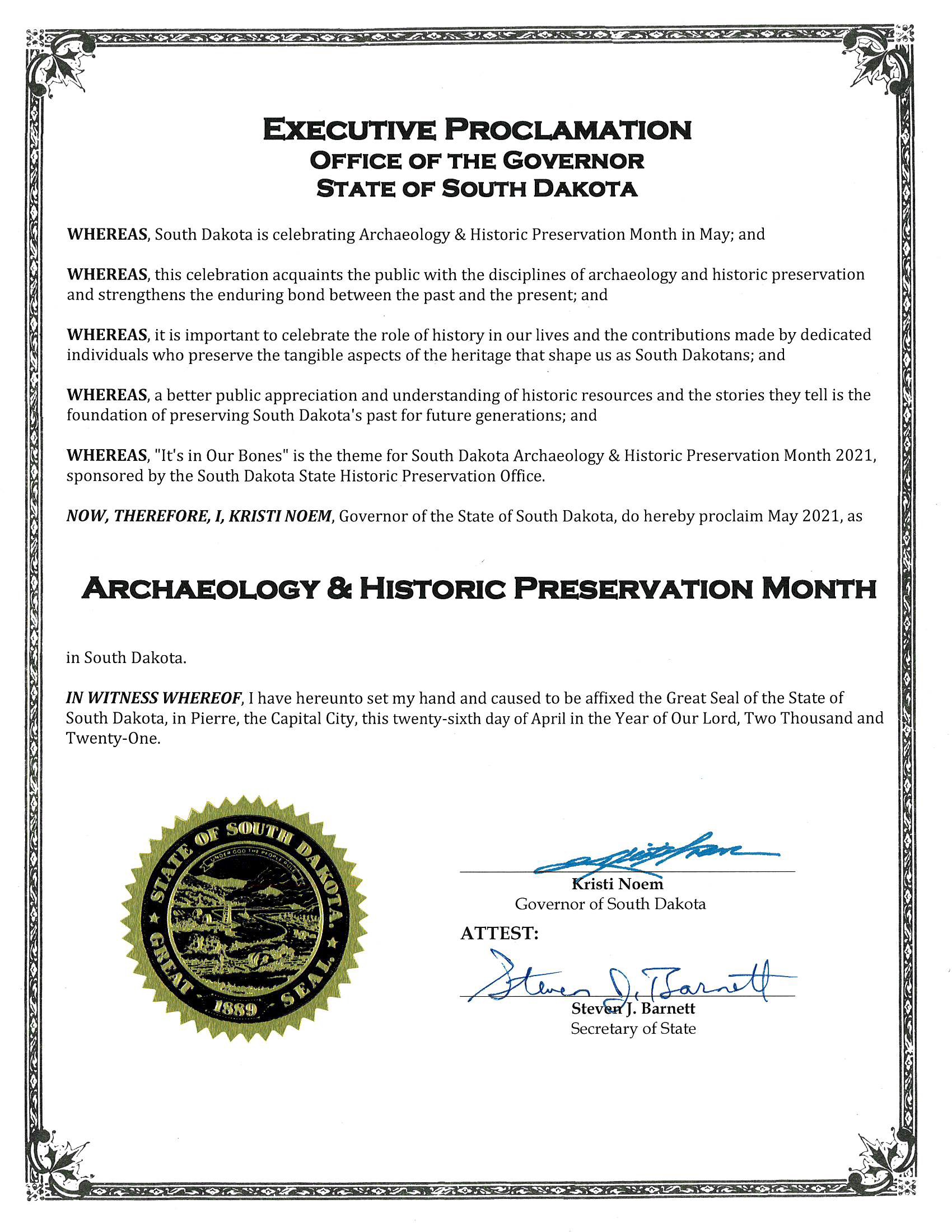 copy of the 2021 South Dakota Archaeology & Historic Preservation Month Executive Proclamation